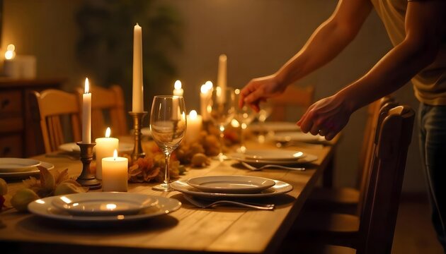 Person Setting an Elegant Dining Table with Warm Burning Candles for a Festive Holiday Dinner
