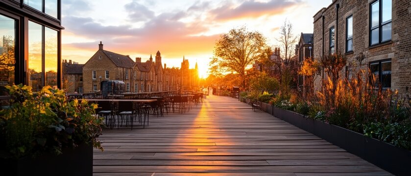Scenic urban rooftop terrace du sunset with city skyline plants and outdoor furniture - Powered by Adobe