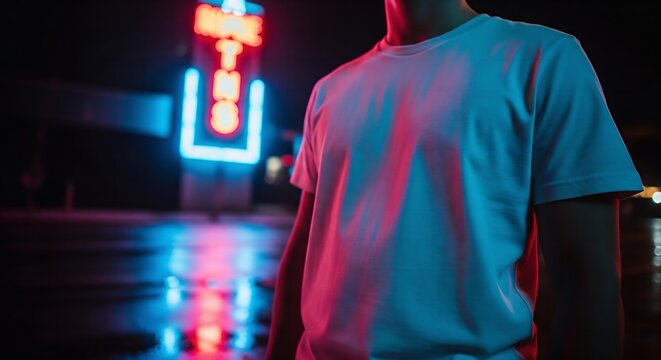 A cinematic mockup of a person wearing a blank, white t-shirt, illuminated by the beautiful, colorful glow of a neon sign at night.
