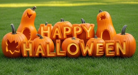 Obraz premium Carved Pumpkins Spell Happy Halloween Decoration