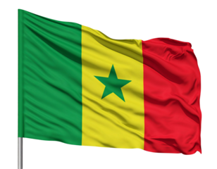 Waving Senegalese Flag with Green Star Emblem, Side Angle View, Isolated PNG.