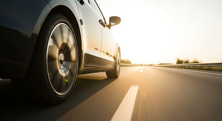 On the Road: A sleek, black car speeds along a highway at a high speed, the wheels blurred by motion, symbolizing the dynamism of travel and modern transport.