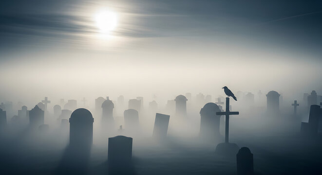 A crow perches atop a cross in a foggy graveyard at night, with numerous headstones obscured by the mist under a bright moon.