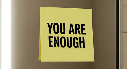 A yellow sticky note displays a positive affirmation on a refrigerator, reminding viewers that they are enough, creating a motivational reminder for daily life and self-care.