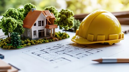 Detailed miniature house with surrounding trees construction plan and safety helmet on architectural blueprint