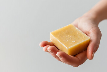 Woman's hand holding a natural, exfoliating, pale yellow soap bar; minimalist, clean, and healthy lifestyle concept
