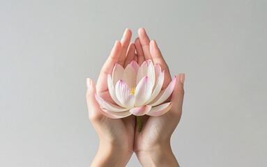 Serene Hands Gently Holding a Delicate Pink and White Lotus Blossom, Spa Wellness Concept, Minimalist Style, Tranquil Mood.