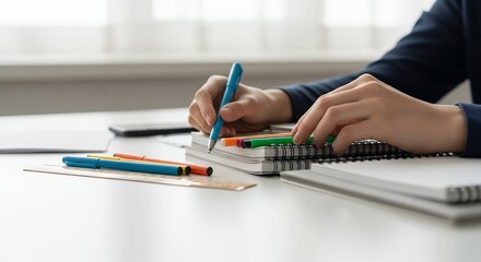 Closeup of Hands Writing in Spiral Notebook with Colorful Pens and Ruler
