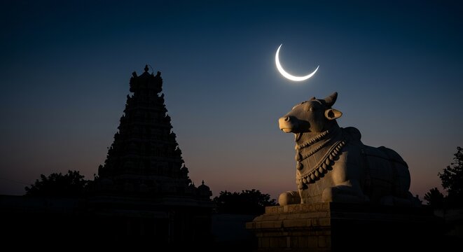 Steel blue to shadow black gradient with Nandi statue under crescent moon and temple silhouette