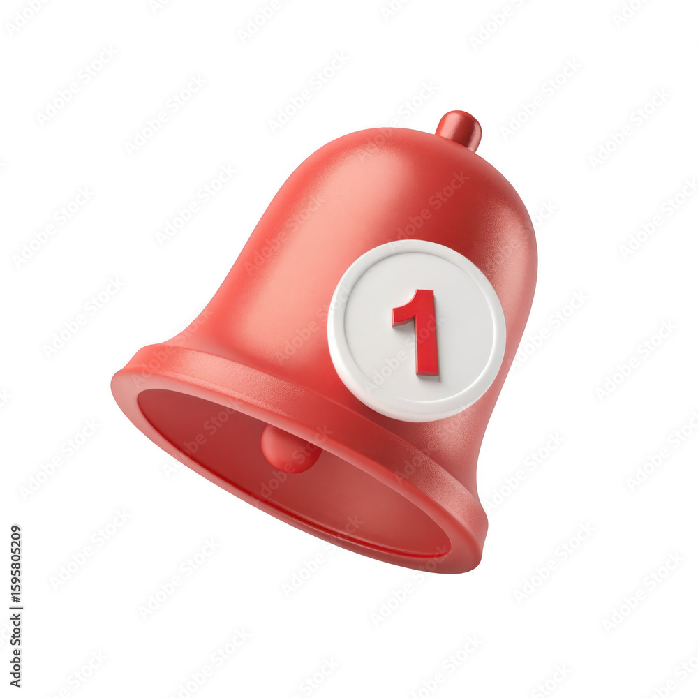 Poster red notification bell with the number one inside a white circle isolated on transparent background