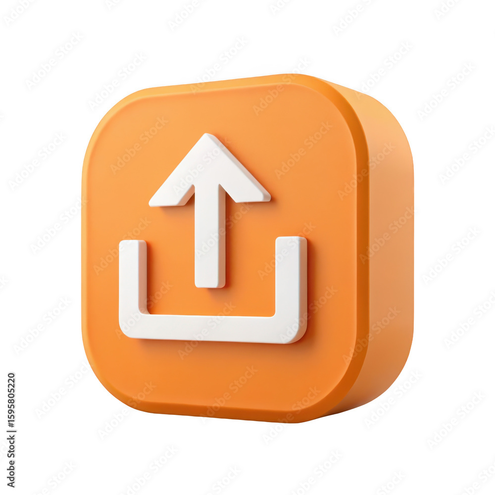 Poster modern 3d orange upload icon with white arrow and base isolated on transparent background