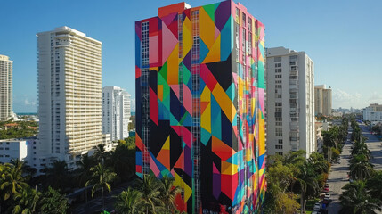 Naklejka premium Artists painting a mural on a city building, with vibrant colors and geometric patterns, bringing life to the urban landscape through street art. —ar 16:9 