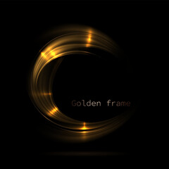 Round gorgeous isolated gold frame with bright glitter on black background.