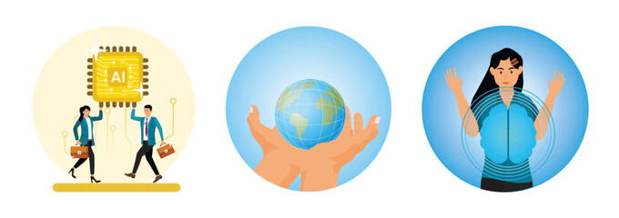 Embrace AI. Artificial intelligence around the world. Woman With AI brain.