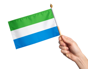 Hand Holding Mini Sierra Leone Flag on Stick, Slight Forward Tilt, Isolated PNG.