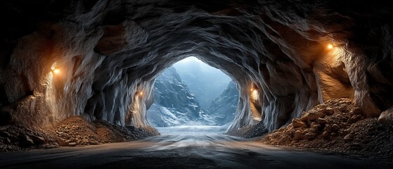 A dramatically lit tunnel opens to snowy mountain cliffs, surrounded by stone walls and warm lights.