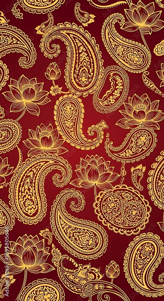 Poster elegant paisley and lotus pattern background with golden details on a deep red backdrop