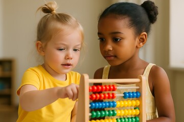 Two girls learning with an abacus, exploring colors and numbers together, educational fun kids learning background