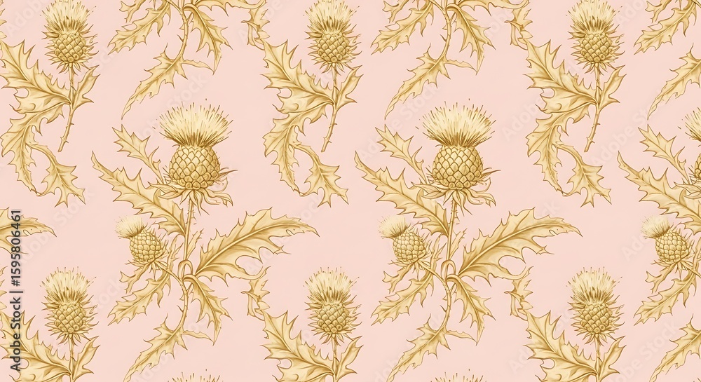 Poster elegant thistle flower pattern in soft gold tones on a delicate pink background creating a