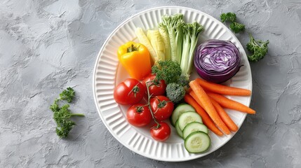 Fresh and Vibrant Assorted Organic Vegetables Including Bell Pepper Tomatoes Carrots Cucumber Broccoli Purple Cabbage Celery Parsley on White Plate