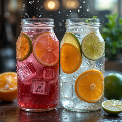 Two mason jars filled with ice cubes and citrus slices on a dark wooden surface with water droplets
