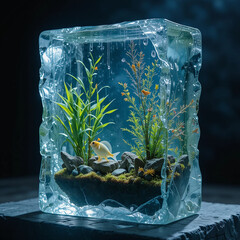 Ice cube aquarium with goldfish, plants, rocks and moss on a dark stone surface in a studio shot