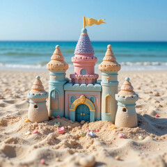 A pastel sandcastle with a yellow flag on a beach with blue ocean and sky in the background on a sunny day