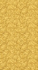 Intricate botanical pattern with swirling tendrils and delicate leaves on a warm golden background