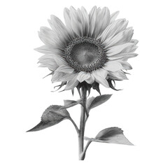 Sunflower in Black and White - Single Stem Flower with Detailed Petals, Seeds and Leaves on White Background
