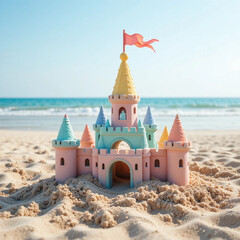 A sandcastle with colorful turrets and a pink flag sits on the beach with the ocean in the background