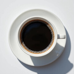 A top down view of a cup of black coffee with foam on a white saucer casting a shadow on white surface
