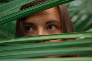 Horizontal travel photo. Female face close up. View from tropical leaves. Eyes of mature brunette woman are hidden behind green palm leaf in park. Concept of plant cosmetic, summer rest, trip, nature