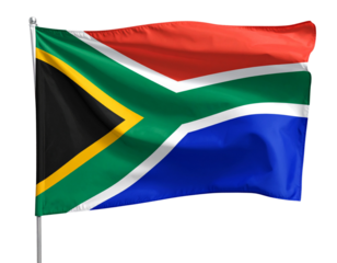 Waving South African Flag with Bold Multicolor Design, Side Angle, Isolated PNG.