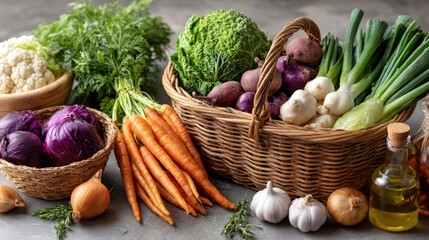 Fresh vegetables in wicker baskets including cauliflower carrots garlic green onions purple and green cabbages and herbs on gray background