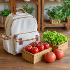White canvas backpack with leather accents placed on a wooden table alongside fresh vine tomatoes and leafy green lettuce in a cozy indoor garden setting