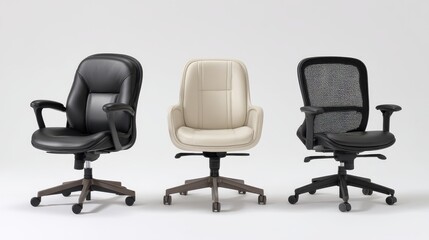 Fototapeta premium Office chair comparison ergonomic designs in a studio setting furniture showcase professional environment side view