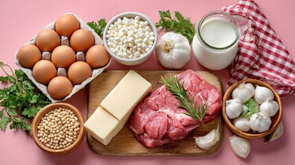 Fresh farm ingredients including eggs, cheese, garlic, beef, milk, herbs, and legumes on pink background for healthy cooking and baking recipes