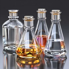 Collection of 4 laboratory glass bottles with various colored liquids on reflective surface, black background, scientific research, chemistry, laboratory equipment, medical and scientific analysis