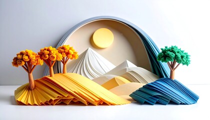 Paper Art Landscape: Sun, Mountains, Trees - Minimalist design