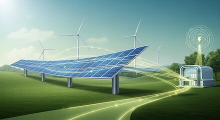Sustainable Energy Landscape: Solar Panels, Wind Turbines, and Modern Building