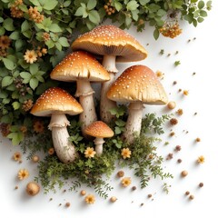 Obraz premium Orange spotted mushrooms with green foliage and small flowers white