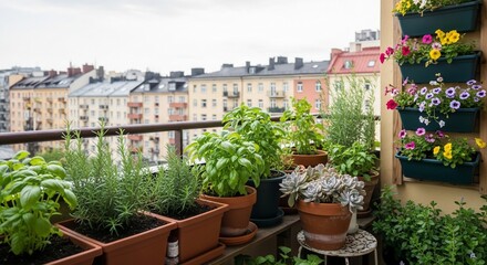 Naklejka premium Urban Balcony Garden: Lush Herbs and Flowers with Cityscape Backdrop