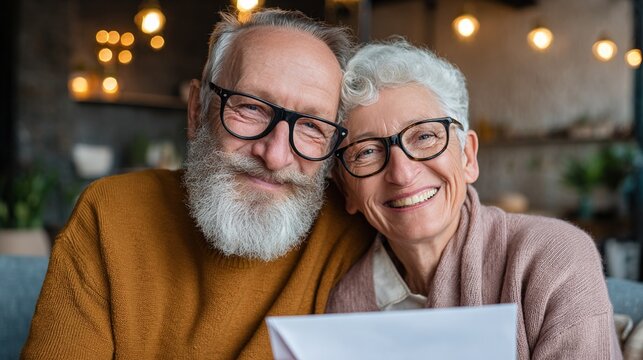 Elderly couple happily receiving social security documents in envelope, smiling with joy and relief. Retirement planning, pension benefits and senior citizen financial security concepts.
