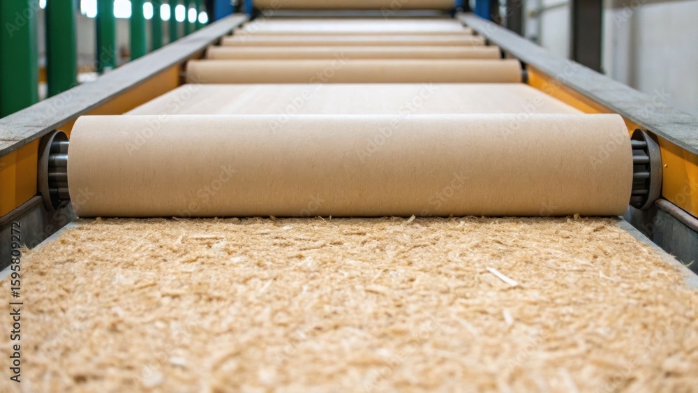Poster conveyor belt transporting raw materials in an industrial setting, showcasing a smooth flow and effi