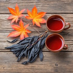 Autumn Tea Arrangement with Black Tea Leaves and Bright Orange Maple Leaves on Rustic Wooden Surface