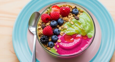 Vibrant Smoothie Bowl with Berries, Granola, and Spoon, Healthy Breakfast.