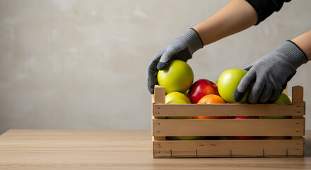 Hands placing colorful apples into a wooden crate on a table  