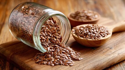 Fresh flax seeds spilling from glass jar onto wooden cutting board with two wooden spoons filled with flax seeds for healthy eating natural foods healthy lifestyle concept