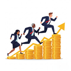 Fototapeta premium a group of diverse people in business suits running on a growing graph of stacked coins. Isolated on background