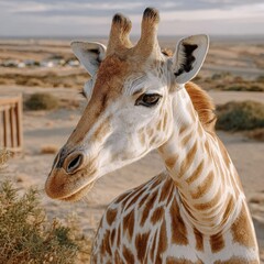Close-up of a Giraffe with Patterned Skin and Horns in a Desert Landscape during Sunset